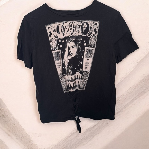 Janis Joplin groovy lace up Black Graphic Women's Top XS oversized goth y2k - Picture 1 of 5